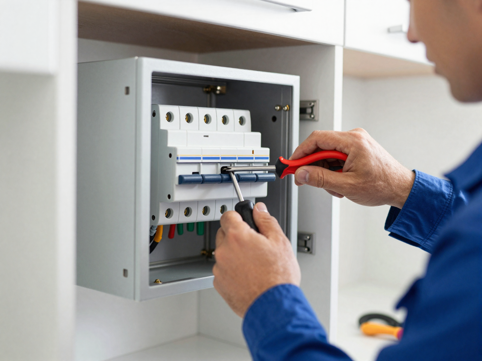Residential electrician installing circuit breaker panel